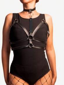 Harness Bust Cropped PU Leather Buckle - 黑色 - 查看 3