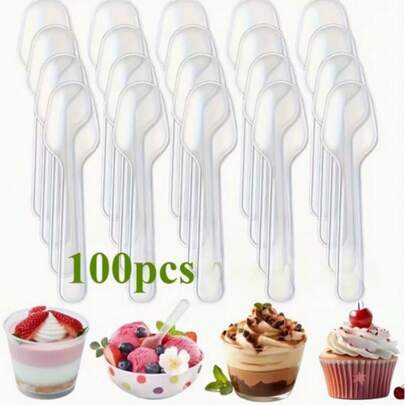 Conjunto de 100/200 colheres de plástico transparente, mini colheres descartáveis ideais para sobremesas, sorvetes, gelatinas, pudins, degustação de iogurte, aperitivos, encontros familiares, piqueniques, restaurantes e cozinhas.