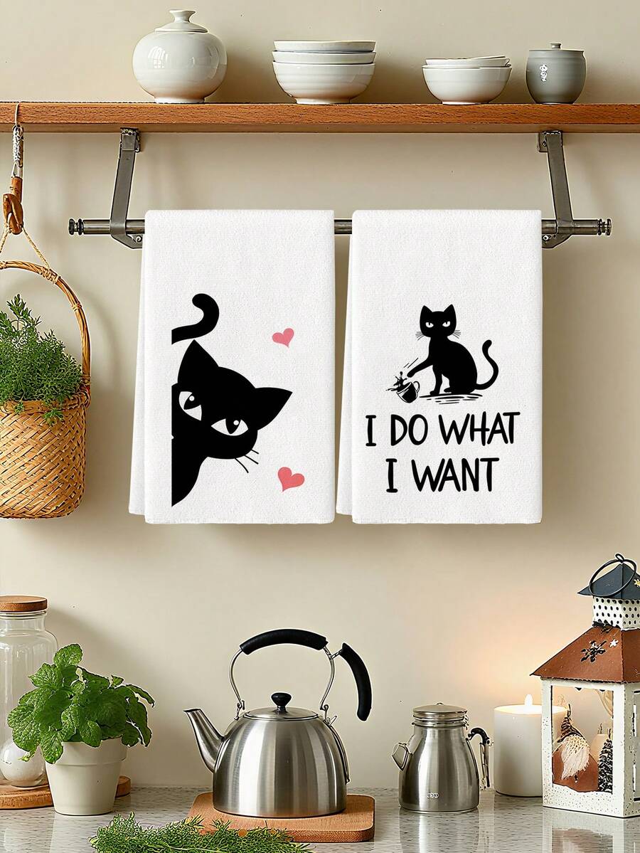 2Pcs Polyester Funny Cat Kitchen Towels, Decorative Dish Towels For Cat Lover, Housewarming Gifts, Wedding Shower Gift, Fun Hostess Kitchen Decor - White - View 1