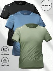 3pcs Men's Ice-Feel Adventure T-Shirts - Quick-Dry, UPF Sun Protection, Suitable For Outdoor Running And Hiking Sports - Green - View 3