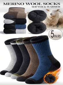 5双装男士加厚保暖中筒袜，保暖内衬，适合秋冬季户外活动，如徒步旅行、滑雪等。 - 彩色 - 查看 2