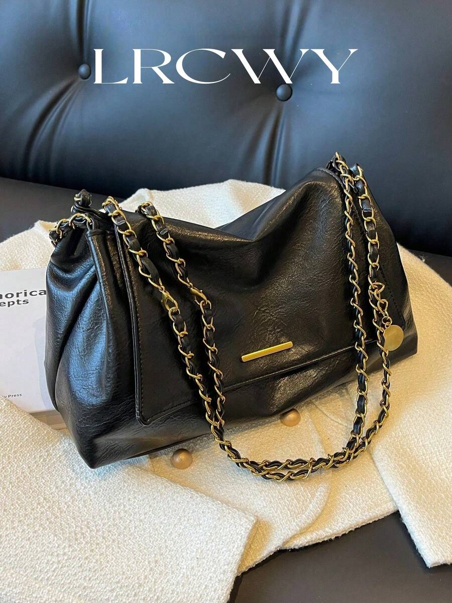 女士单肩翻盖包，柔软PU皮革，时尚优雅复古简约金属配件设计，链条肩带，适合女士、女孩、大学生、休闲、通勤等场合，黑色 - 黑色 - 查看 1