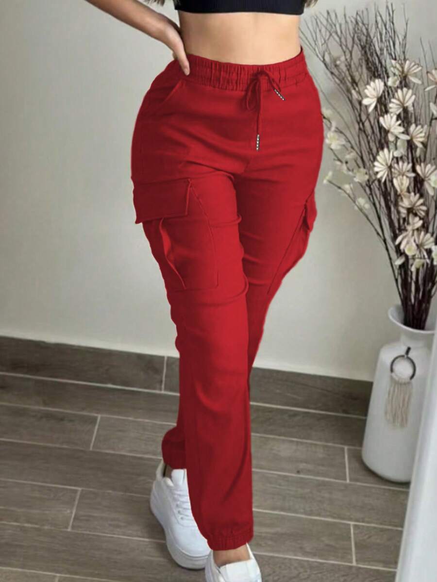 Women's Fashion Elegant Solid Color Casual Pocket Elastic Waist Drawstring Cargo Pants Spring - Red 2 - View 1
