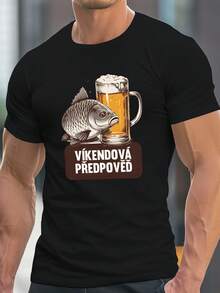 Humor Fishing Addict, Interesante Estampado Checo, Camiseta de Manga Corta con Cuello Redondo para Hombre, Camiseta Casual, Cómoda y Ligera para el Verano - Negro - Ver 2