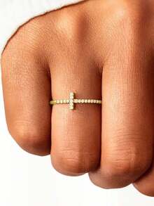 1 chiếc nhẫn hình thánh giá đính đá Cubic Zirconia thanh lịch, kiểu dáng nữ, thích hợp cho đám cưới, lễ đính hôn, kỷ niệm, tiệc tùng, cũng như làm quà tặng ngày Valentine. - Vàng - Xem 11