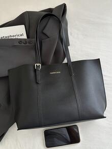 2pcs Women Solid Color Quilted Lining Shoulder Tote Bag, Fashion Large Capacity Handbag With Magnetic Closure, Casual Street Style For Daily Commute - Black - View 3