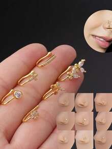 1-7pcs Nose Clip Nose Ring Hoop Fake Nose Stud With Heart & Butterfly Design, No Piercing Required - Gold - View 2