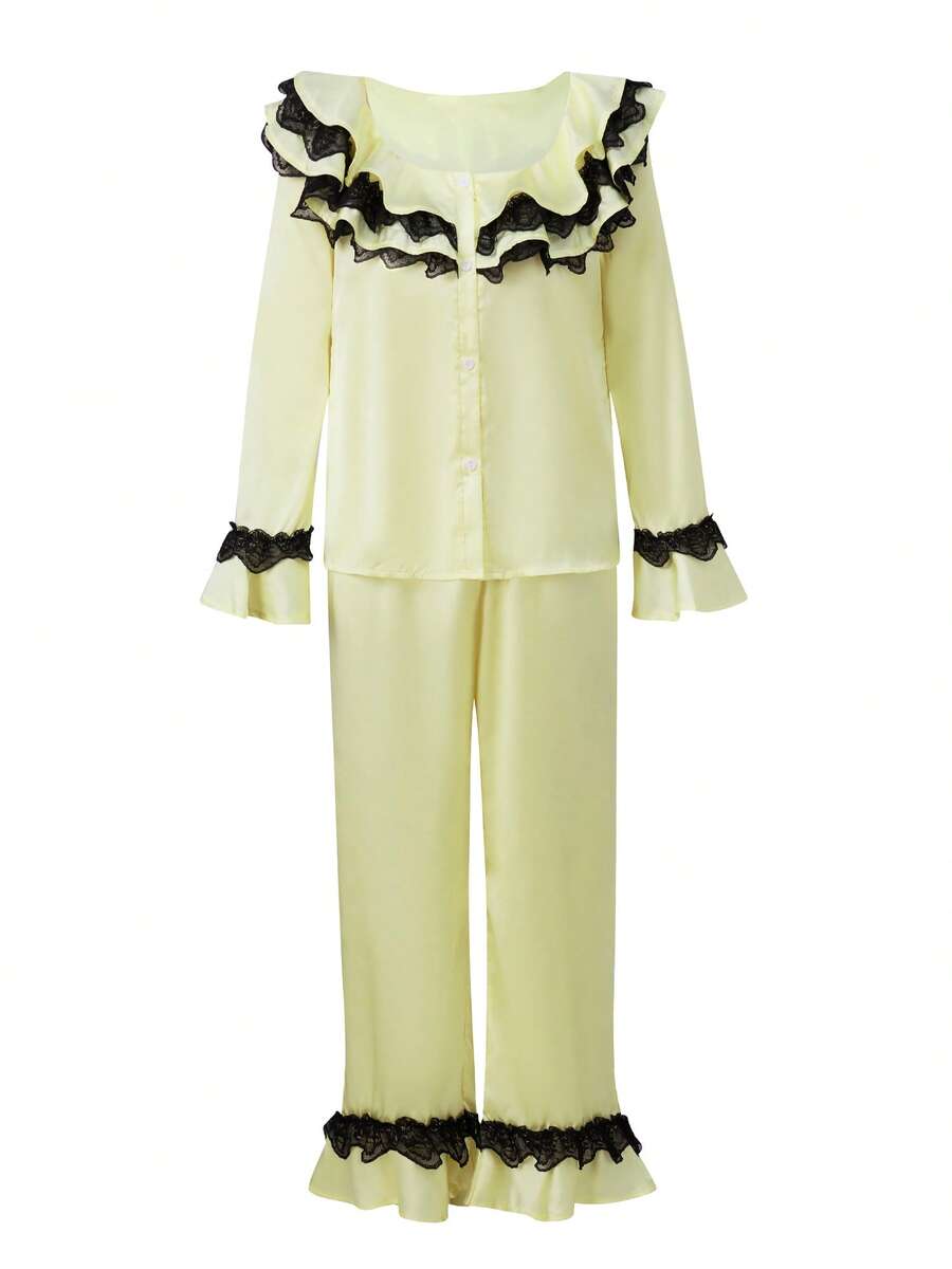 Women's Pajamas Set Long Sleeve Turn Down Color Ruffled Button Up Tops And Elastic Waist Pants Lounge Wear 2 Pcs Set - Amarillo - Ver 1