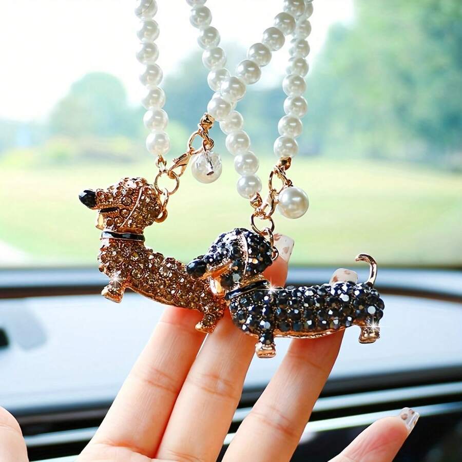 New Dachshund Dog Car Interior Hanging Ornament Car Rearview Mirror Decoration Hanging Decoration With Rhinestones Small Dog Car Hanging Accessory - rượu sâm panh - Xem 1
