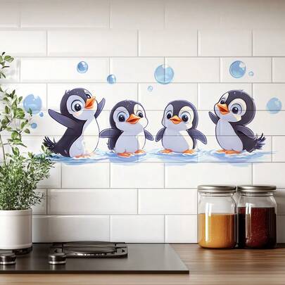 可爱水波纹企鹅气泡墙贴，防水自粘装饰贴纸，适用于浴室梳妆台