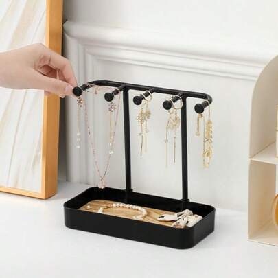 Stojak ekspozycyjny na biżuterię, wiszący na biurko kolczyk, naszyjnik, bransoletka, pierścionek, klucz, akcesoria do włosów, organizer na gumki, wieszak na biżuterię z żelaza, drewniana taca