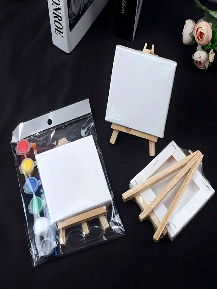 5pcs/Set Mini Stretched Canvas, Palette, Brush, Easel, 6 Colors Paint, Wooden Easel, Art Primed Canvas, Suitable For Painting, Acrylic Pouring, Oil Painting And Wet Art Media, DIY Miniature House Decor, Christmas Gift, Easter Gift, Mother's Day Gift, Graduation Gift - Multicolor - View 1