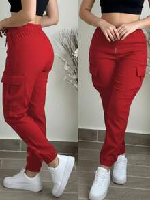 Women's Fashion Elegant Solid Color Casual Pocket Elastic Waist Drawstring Cargo Pants Spring - Red 2 - View 2