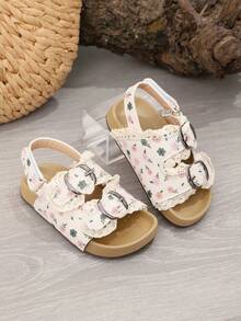 1 Pair Girls' Ditsy Floral Open Toe Beach Sandals, Princess Shoes, Summer - Beige - View 4