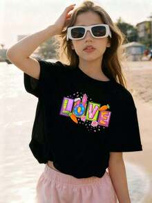 Camiseta gráfica con conejito para ni?as, mezcla de algodón de primera calidad, fácil cuidado, corte ajustado, moderna, para uso diario. - Negro - Ver 6