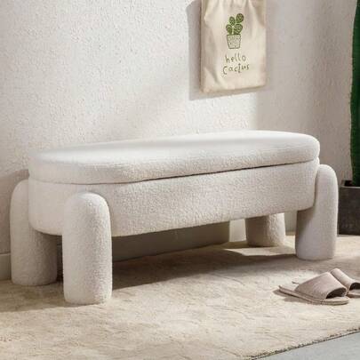 Modern Storage Bench 114cm Upholstered Ottoman Bench Boucle End Of Bed Stool Cute Entryway Bench For Bedroom Living Room Hallway White