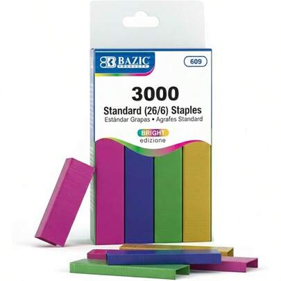 BAZIC Staples Standard 26/6 Metallic Color 3000/Pack Stapler Refill Standard Size Staple Assorted Colors 1-Pack