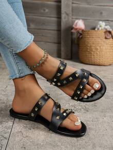 1 đôi sandal thời trang nữ, kiểu dáng chữ Z với đinh tán rỗng trang trí, thoải mái, thoáng khí, mũi tròn, thích hợp cho đi biển, nghỉ lễ, dự tiệc và mặc hàng ngày. - màu đen - Xem 4