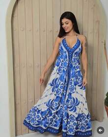 Dress Random Print Fabric Backless Beach - 藍色 - 查看 2