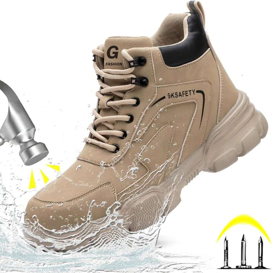 Apricot Steel Toe Boots For Men , Lightweight Indestructible Slip Resistant Waterproof Construction Safety Work Boots ,Anti-Smash Anti-Puncture Construction Working Boots ,Security Protective Boots Men ,Security Protective Tough Comfortable Safety Men Shoes ,Steel Toe Boots Women,Fashionable Steel Toe Safety Boots For Work, Hiking Suitable For Sanitation Workers, Warehouses, Factories, Work And Outdoor Exploration, And Trainers - 卡其色 - 查看 1