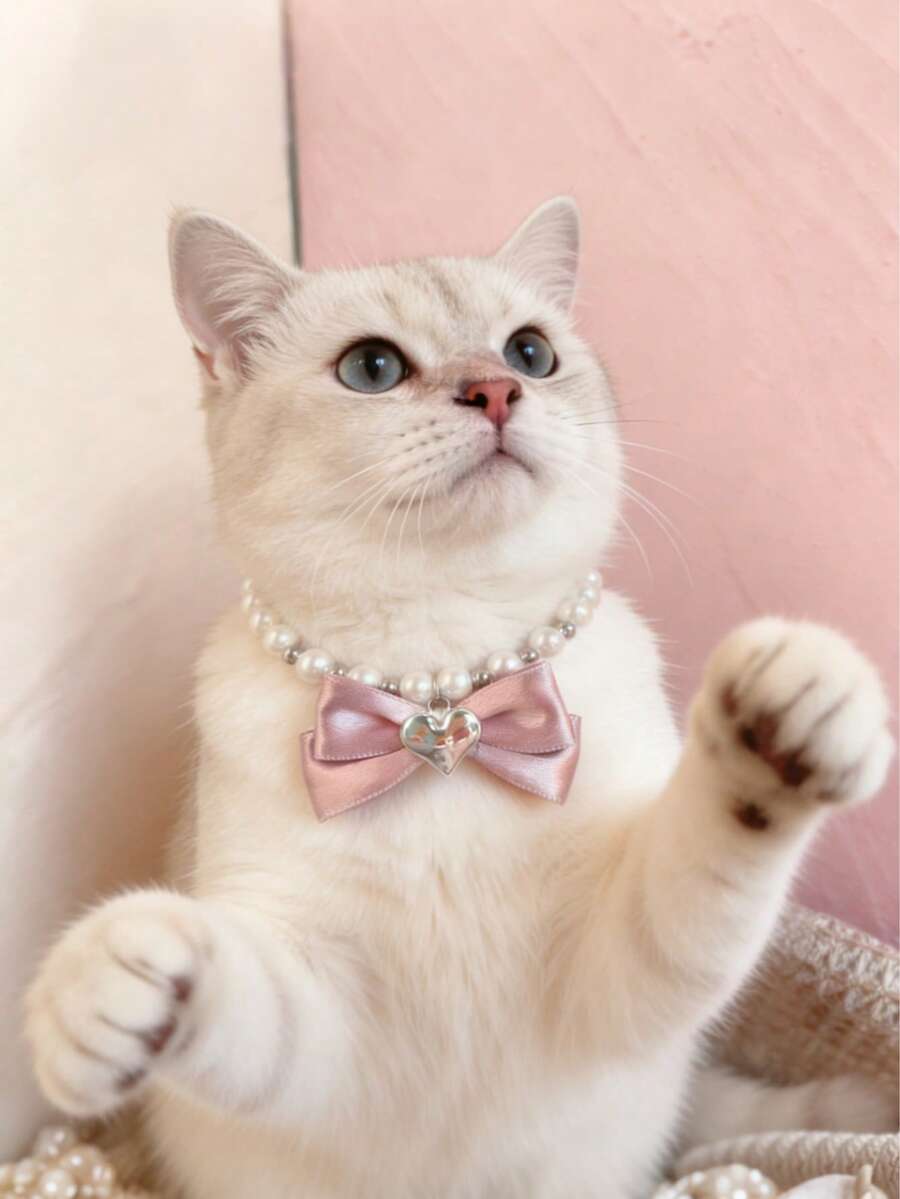 Kalung Mutiara untuk Hewan Peliharaan Kecil - Gaya Putri Versi Korea dengan Pita Hati Merah Muda, Cocok untuk Kucing dan Anjing - MultiWarna - View 1