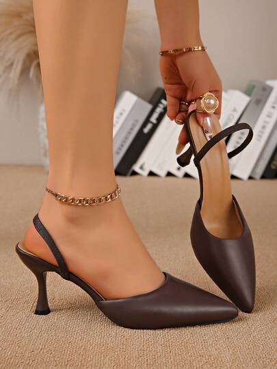 Women's Fashion Pointed Toe Coffee Brown High Heel Pumps, Thin Heel Work Shoes, Slingback With Backstrap, Leather Upper, Low Vamp Spring/Autumn Shoes, Mules, High Heels