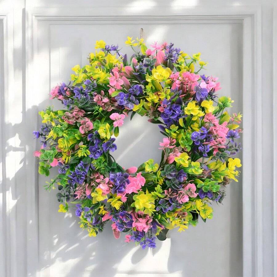 1pc 19-Inch Artificial Mixed Plastic Floral Spring/Summer Front Door Hanging Wreath, Colorful Indoor/Outdoor Home Decor Wreath, Suitable For Holidays, Patio, Garden, Farmhouse, Window Display, Party Decoration