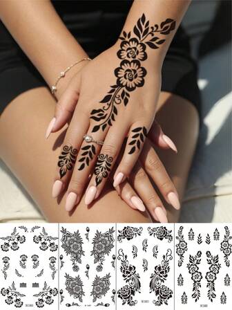 4ชิ้น สติกเกอร์แทททูรอยสักชั่วคราวกันน้ำลายดอกไม้เฮนน่าสีดำ, แทททูมือ Mandala, เหมาะสำหรับแต่งหน้าผู้หญิง, งานแต่งงาน, เทศกาล, วันวาเลนไทน์, เสื้อผ้าชาวมุสลิม, ของขวัญปาร์ตี้
