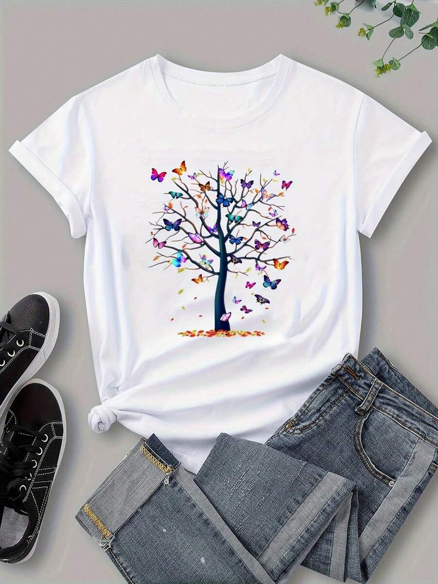 Camiseta gráfica de anime para mujer - Estampado de árbol de mariposa de colores en ambas caras, cuello redondo de manga corta, cómoda y elegante para ropa casual, colección primavera/verano, camisetas para mujeres - Blanco - Ver 1