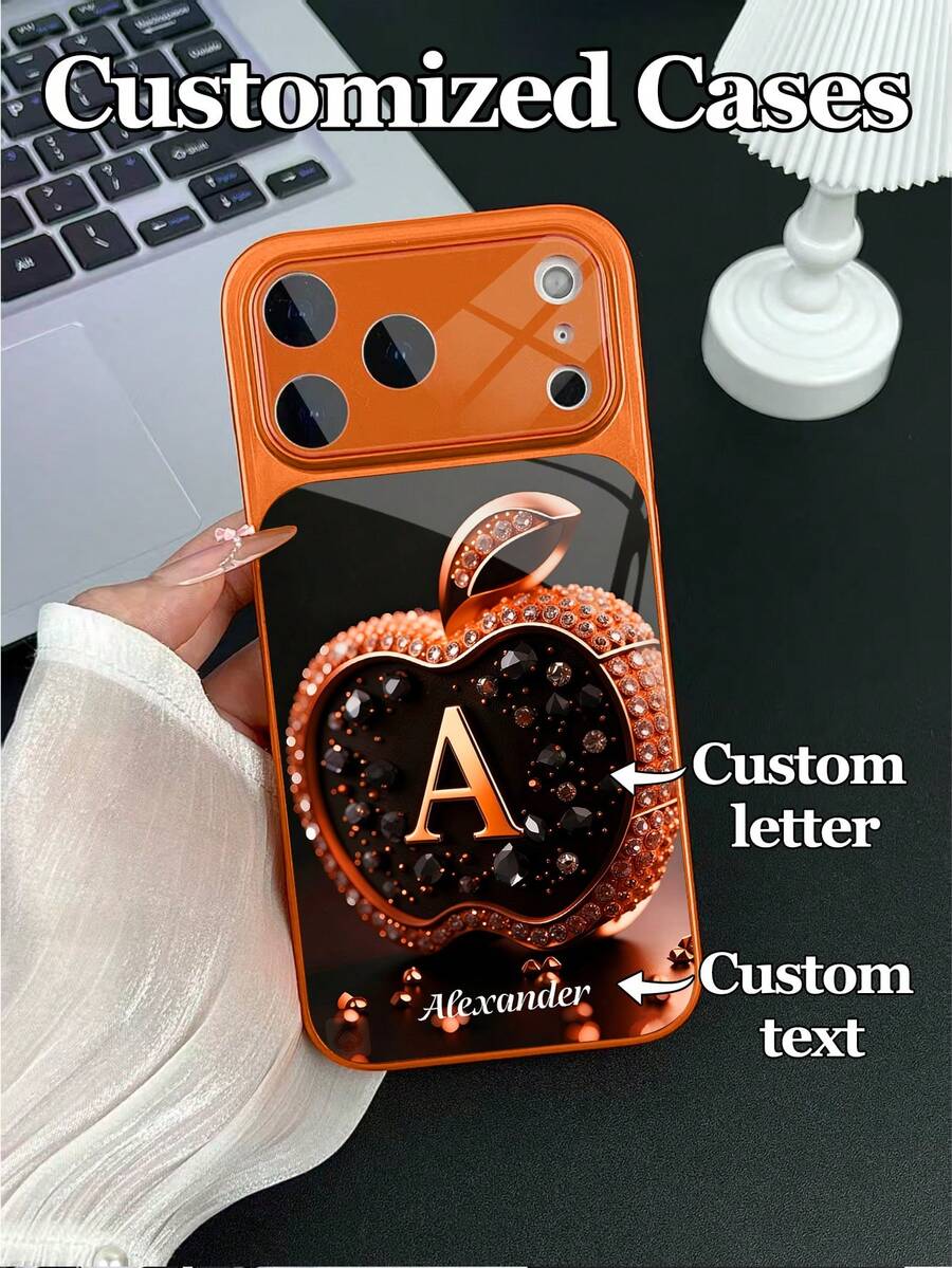 1 pieza Funda de teléfono de vidrio templado con diseño personalizable de texto y letras con patrón de manzana de rhinestone naranja, compatible con iPhone 17 ProMax/17 Air/15/16 Pro/14 Plus/13 Pro/12 Pro Max/11, protección de cámara y cubierta trasera de vidrio templado, gran ventana, mejor regalo para amigos y familiares - Naranja - Ver 1