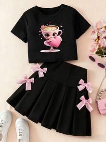 Young Girl Cartoon Print Round Neck Short Sleeve Top And Skirt Set - Black - View 1