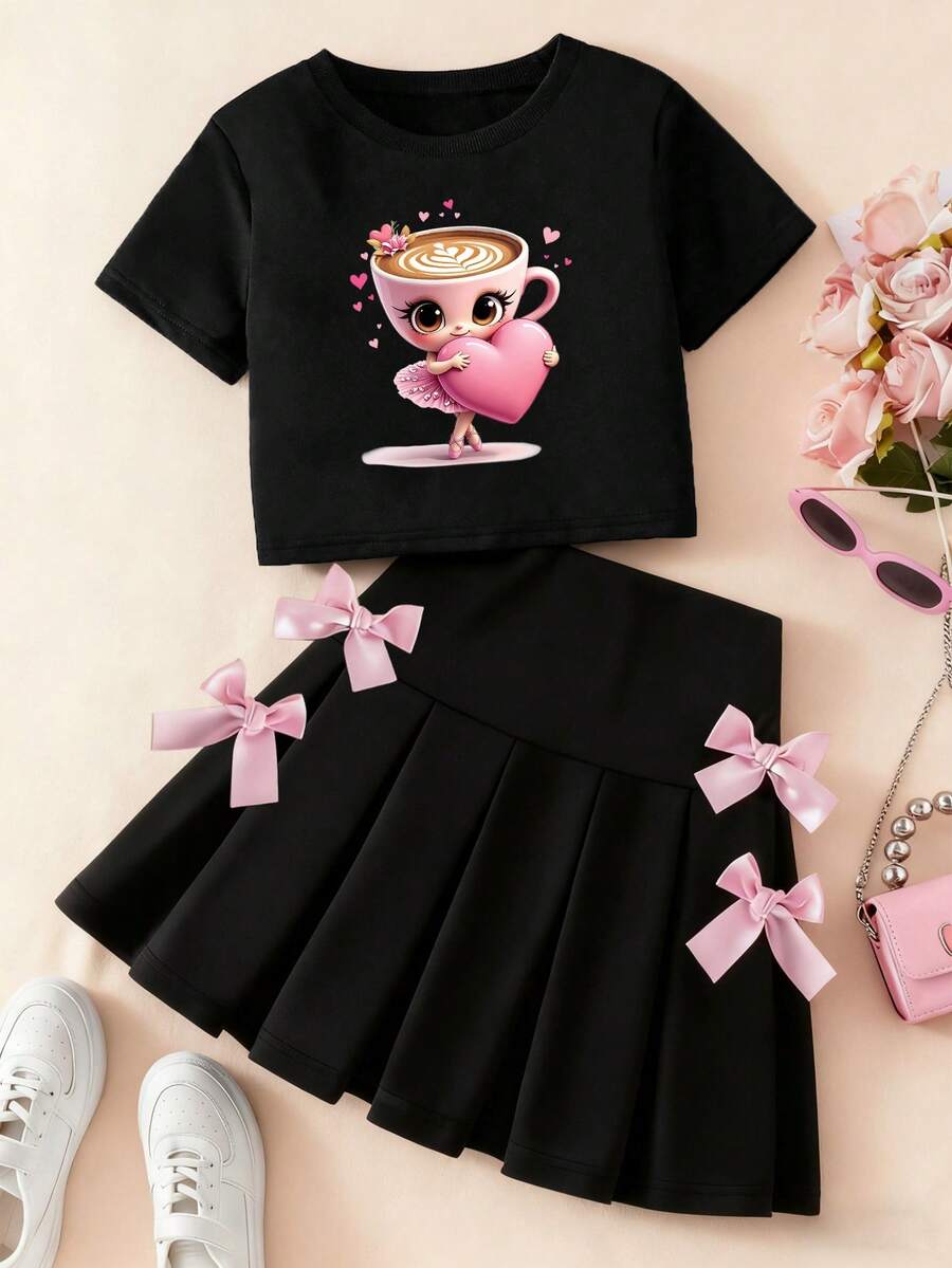 Young Girl Cartoon Print Round Neck Short Sleeve Top And Skirt Set - Black - View 1
