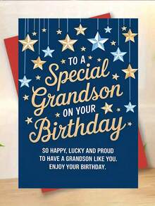 1张精美“特别的孙子”生日贺卡。包含信封和优质纸张。活泼的星星和文字图案设计。完美表达温馨的爱意——送给孙子的理想贺卡（12厘米/4.7英寸 x 17厘米/6.7英寸） - 彩色 - 查看 5