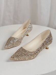Fall/Winter Women's Pointed Toe Sparkly Party High Heel Stiletto Shoes,Elegant,Kitten Heels - Gold - View 6