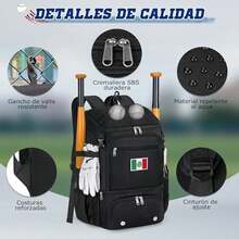 RAINSMORE Mochila Béisbol Hombre Ligera para Softball con Doble Almacenamiento de Cascos, Compartimento de Zapatos y Gancho para Valla Mochilas de Béisbol para Equipamiento y Viajes Adultos y Jóvenes - NEGRO - Ver 5