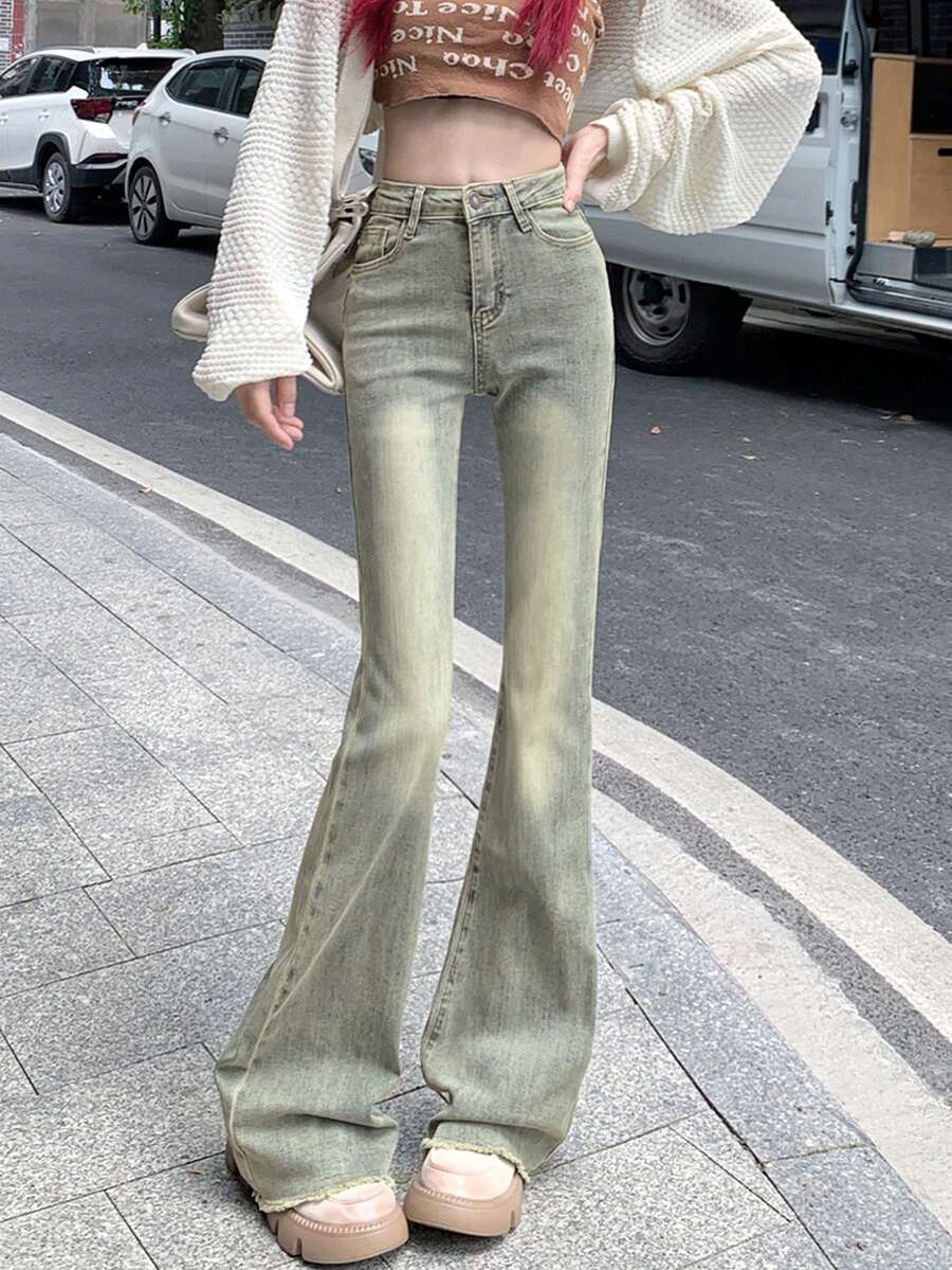 Frayed Hem Flare Jeans For Women, Stretchy Skinny Fit Ankle Length Pants - Blue - View 1