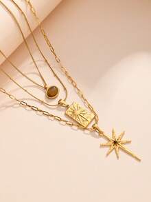 3pcs/Set Western Goth Vintage Style 18k Gold Plated Waterproof Stainless Steel Tiger's Eye Ston,Starburst Charm Layered Pendant Necklaces - Gold - View 2