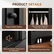 Metal Wardrobe Cabinets68" Tall Armoire Wardrobe Closet With Sliding Barn Doors And Shees Large Coat Closet Cabinet With Hanging Rod Clothing Storage Cabinets For Home Room Black - 黑色 - 查看 6