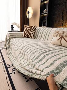 1pc Bohemian Style Velvet Sofa Cover, Suitable For L-Shaped Sectional Sofa, With Tassel Decor - Pet Friendly, Machine Washable Non-Slip, 100% Polyester, Fits 1-4 Seater Sofa, Furniture Protector. Tassel Detail Design, Cozy And Warm, Suitable For Living Room Sectional Sofa. - Green - View 8