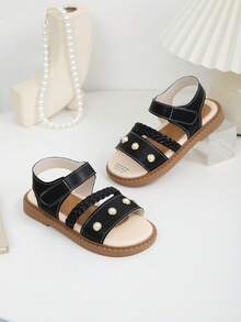 1 Pair Black Soft Leather Toddler/Little Girls' Flat Sandals With Pearl Woven Strap, Hook And Loop Design, Round Toe, Non-Slip Soft Sole, Casual Style, Suitable For 3-15 Years Old Girls, Spring/Summer - Black - View 10