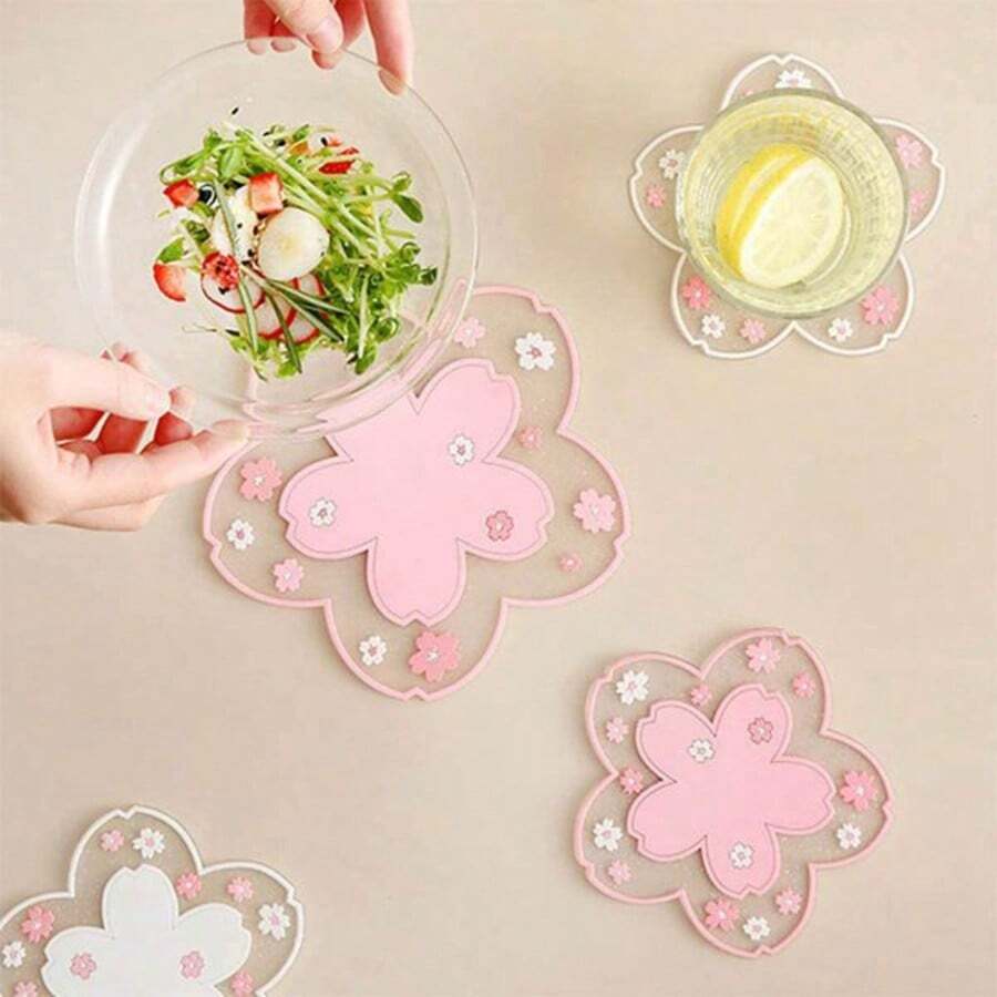 1/2/4pcs Cherry Blossom Silicone Cup Coasters, PVC Table Mats, Heat Insulation Pads, Bowl Pads