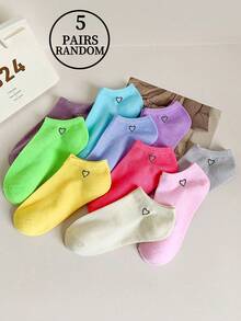 1/5/10双装四季随机糖果色多巴胺图案爱心平底短袜，适合女生校园日常日系甜美可爱运动装，柔软亲肤，舒适透气，防臭，男女情侣短袜 - 彩色 - 查看 11