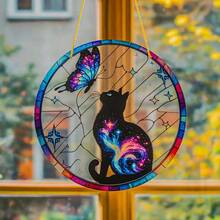 1PC Starry Sky Cat And Butterfly Pattern Sun Catcher, Acrylic Stained Glass Window Hanging Ornament, Perfect For Indoor/Outdoor Decoration, Suitable For Porches, Patios, Gardens, Offices, And Rooms - An Ideal Birthday Gift For Friends And Family. - Multicolor - View 5