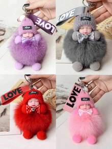 1个卡通钥匙扣，人造毛皮材质，圆形金属设计，女士装饰钥匙圈，带扣，适合装饰包包和车钥匙，情人节完美礼物，单包装