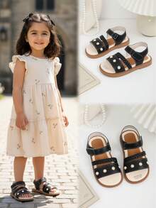 1 Pair Black Soft Leather Toddler/Little Girls' Flat Sandals With Pearl Woven Strap, Hook And Loop Design, Round Toe, Non-Slip Soft Sole, Casual Style, Suitable For 3-15 Years Old Girls, Spring/Summer - Black - View 4