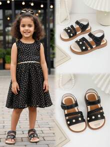 1 Pair Black Soft Leather Toddler/Little Girls' Flat Sandals With Pearl Woven Strap, Hook And Loop Design, Round Toe, Non-Slip Soft Sole, Casual Style, Suitable For 3-15 Years Old Girls, Spring/Summer - Black - View 1