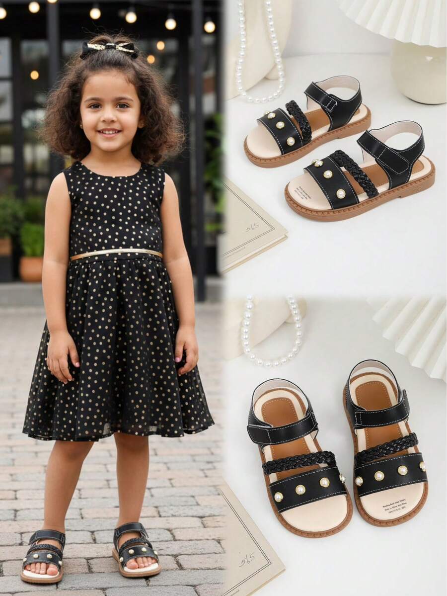 1 Pair Black Soft Leather Toddler/Little Girls' Flat Sandals With Pearl Woven Strap, Hook And Loop Design, Round Toe, Non-Slip Soft Sole, Casual Style, Suitable For 3-15 Years Old Girls, Spring/Summer - Black - View 1