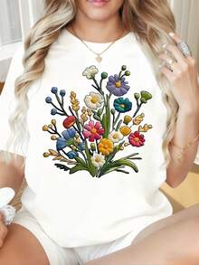Women's T-Shirt With Round Neck And Short Sleeves, Fun PrintingFloral Embroidered Black T-Shirt Women Summer Casual Short Sleeve Top Boho Style Fashion ClothesSuitable For Valentine's DayChristmas Partysports Activitiesholiday Partiesoutingssports And Other Holiday Gifts (220g). - White - View 5