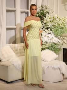 New Sexy Off-Shoulder Sleeveless Heavily Embellished Backless Bodycon Splice Chiffon Maxi Dress, Fashion Party Formal Gown - Light Yellow - View 4