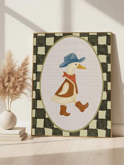 1pc Vintage Cowboy Goose Wall Art, Western Theme, Checkered Wall Decor, Western Duck Wall Art, Animals Wall Art, Festival Gift, Bedroom Decor, Living Room Decor, Office Decor, Kitchen Decor, Wall Arts, Wall Decor, Home Decor, Room Decor, Canvas Wall Art, Posters, Wall Art With Frame, Optional Frame